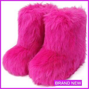 Faux Fur Ankle Boots Platform Winter Snow Boots Y2K Fluffy Comfortable Mid-Calf